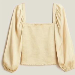 J Crew Smocked Square Neck Featherweight Satin Top Pale Soft Yellow Size S